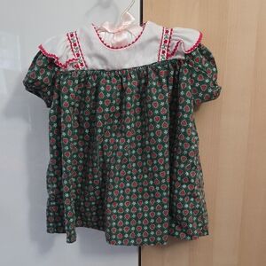 Peaches N Cream 2T Green and Red Childs Dress, Vtg